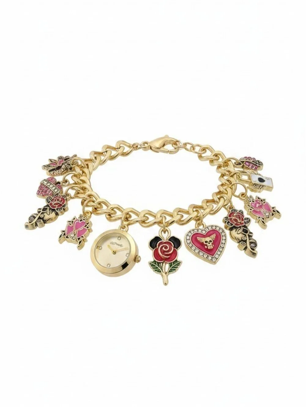 Ed Hardy  Nwt Gold Charm Bracelet Watch with Pink Enamel Accents